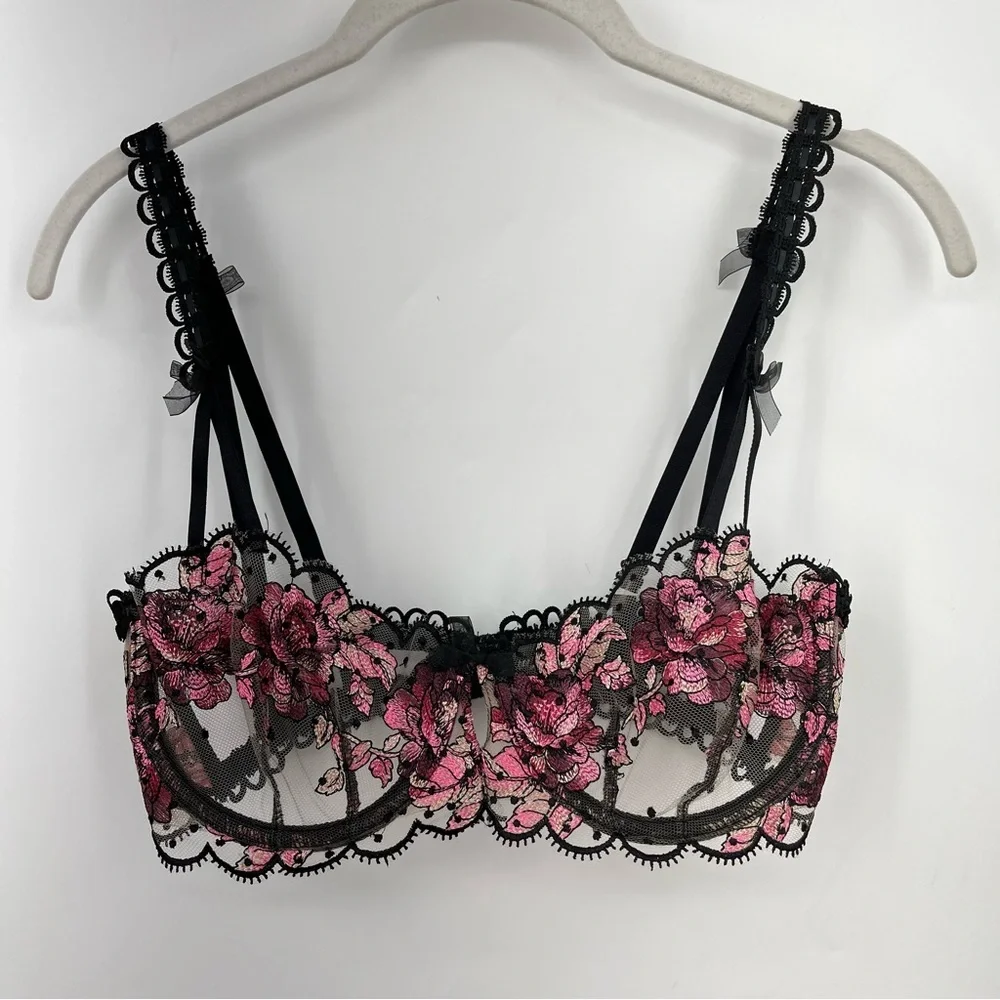 For Love And Lemons S Juliet Black Pink Floral Lace Bra small unlined